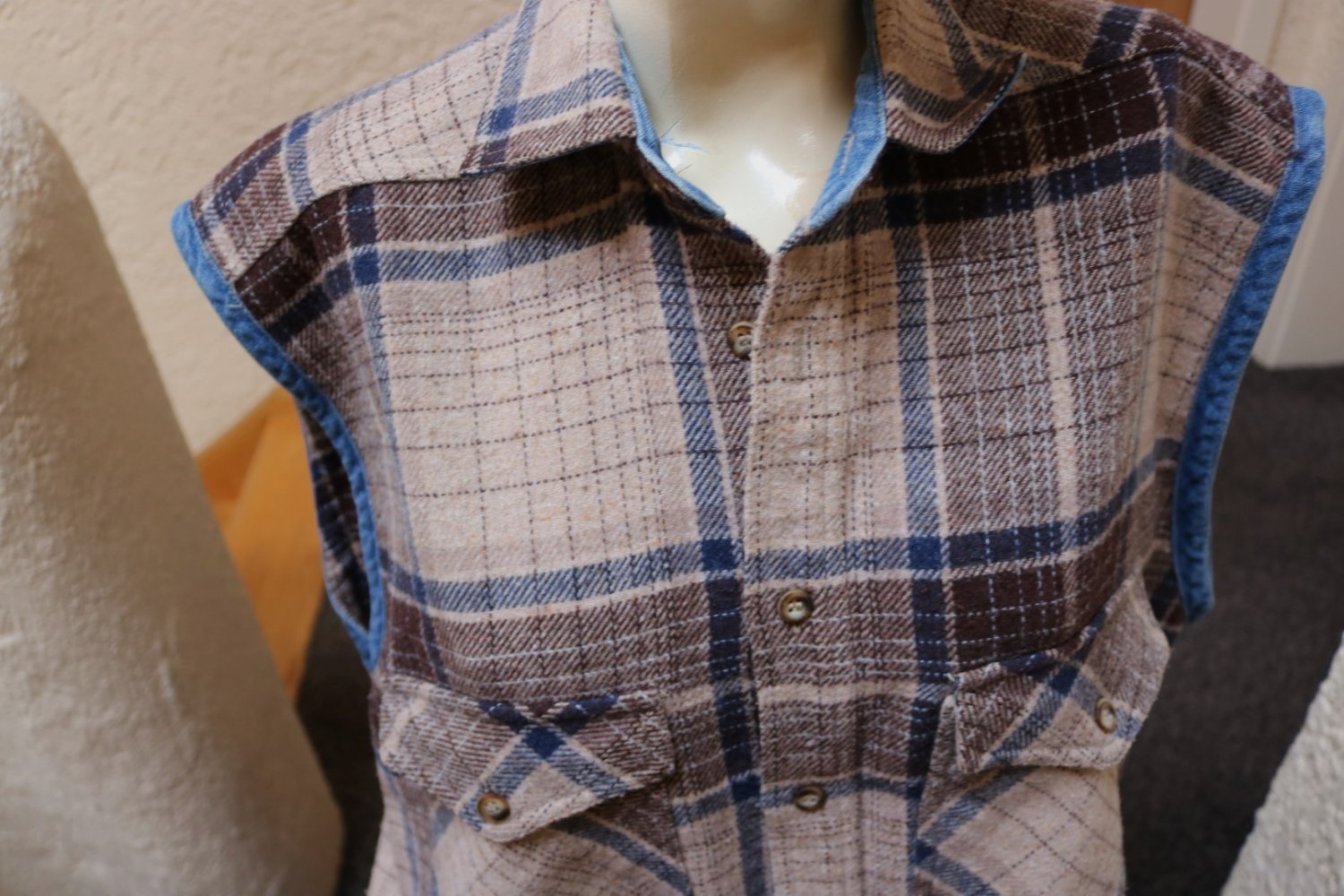 #Weste m. Wolle, Gr. 52, #braun-blau, #kariert - Back to Basics