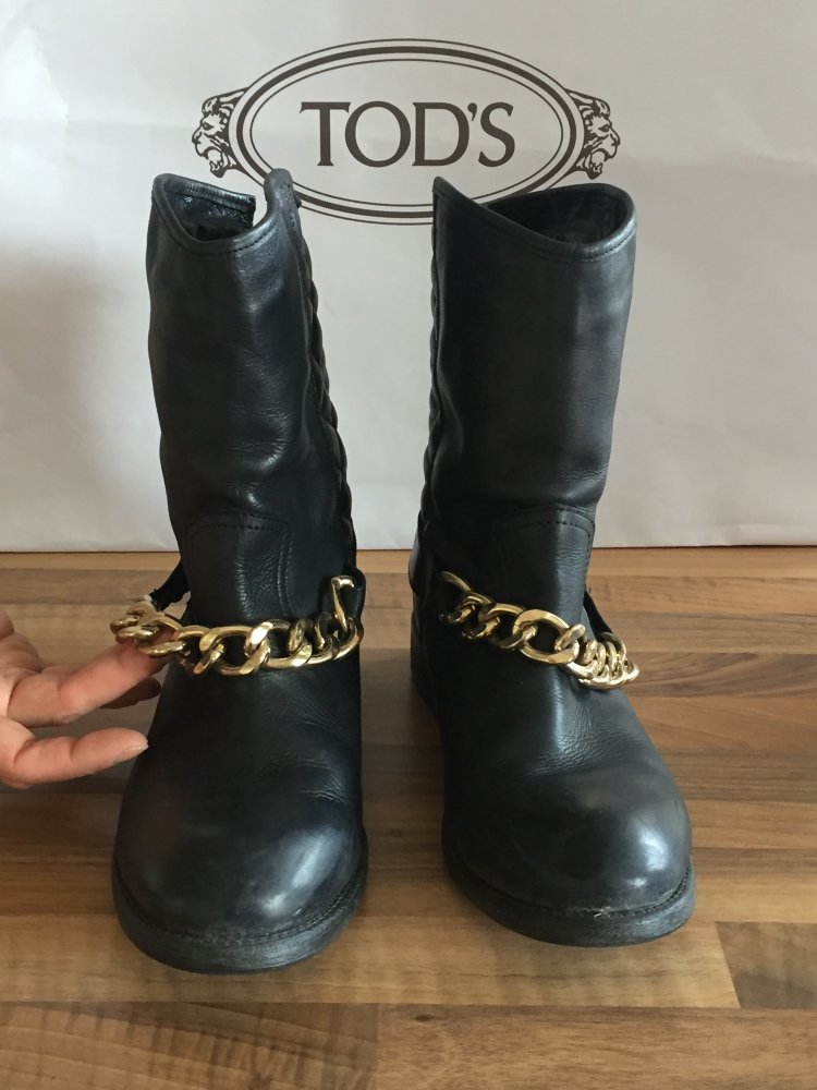 Poelman Leder Stiefel mit Goldkette mit einem Makel: Gr. 39 links/40 rechts dunkelblau