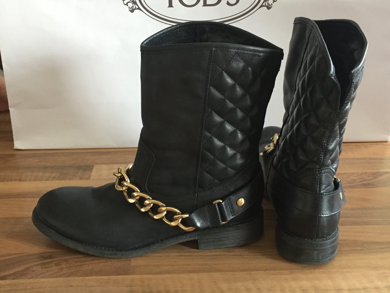 Poelman Leder Stiefel mit Goldkette mit einem Makel: Gr. 39 links/40 rechts dunkelblau