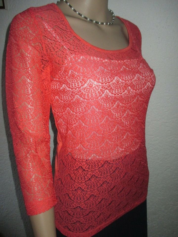 NEUw * Original VINTAGE * Designer * Lace- Spitzen * Dreiviertel Arm * Bodycon * T- Shirt * Gr. 38- 40/ S- M * lachs * koralle *
