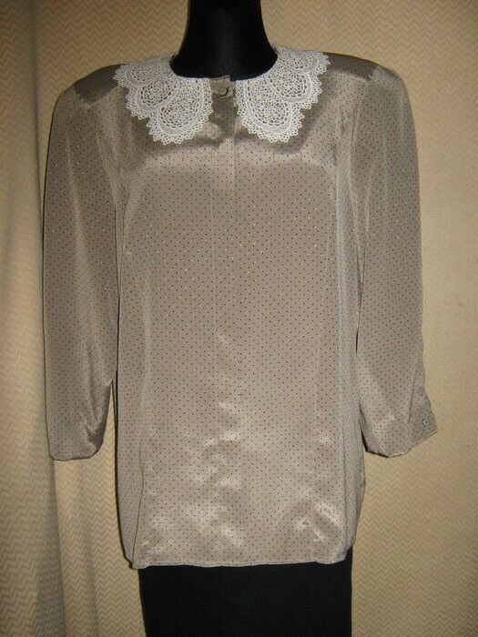 NEU * Original Vintage * Peter Pan * Romantik * Häckel- Kragen * Polka Dots * Punkte * Tupfen * Seiden- Satin * BLUSE * Gr. 40- 44/ M- L * khaki * schwarz *