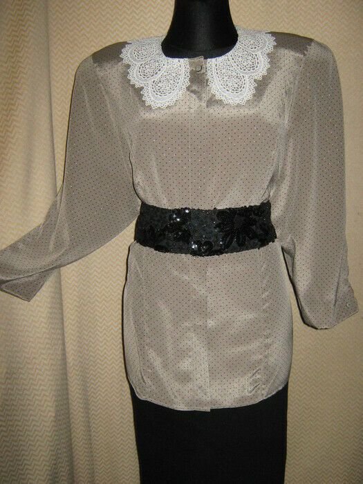 NEU * Original Vintage * Peter Pan * Romantik * Häckel- Kragen * Polka Dots * Punkte * Tupfen * Seiden- Satin * BLUSE * Gr. 40- 44/ M- L * khaki * schwarz *