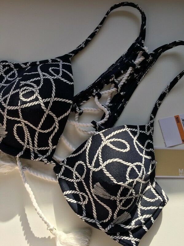 NEU mit ETIKETT * Ausgefallen * Kordel Print * Sailor * Marine * Navy * Maritim * BIKINI * Oberteil * Bustier * Schnür- TOP * Twisted Rope * Lace Up Top 