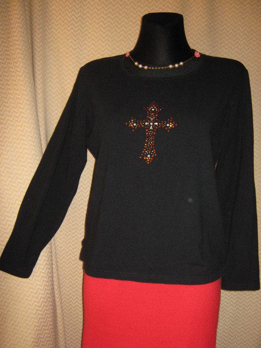 NEUw * Glitzer * Strass * Kristalle * Perlen * Stickerei * Kreuz * Langarm * Longsleeve * T- Shirt ''BIBA by ESCADA'' Gr. 42- 44/ L, 3 * schwarz *