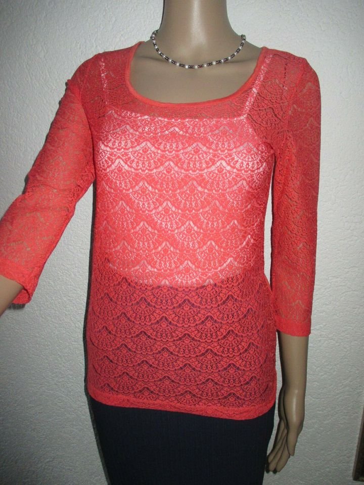 NEUw * Original VINTAGE * Designer * Lace- Spitzen * Dreiviertel Arm * Bodycon * T- Shirt * Gr. 38- 40/ S- M * lachs * koralle *