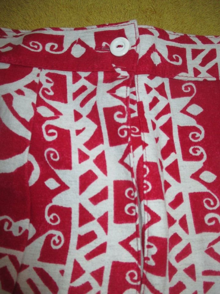 NEU * Edel * Original 1980er VINTAGE * Phantasie- Print * DESIGNER * Leinen * Karotten * High Waist * Bundfalten * Hose * Gr. 34- 36/ XS * rot * natur- weiß *