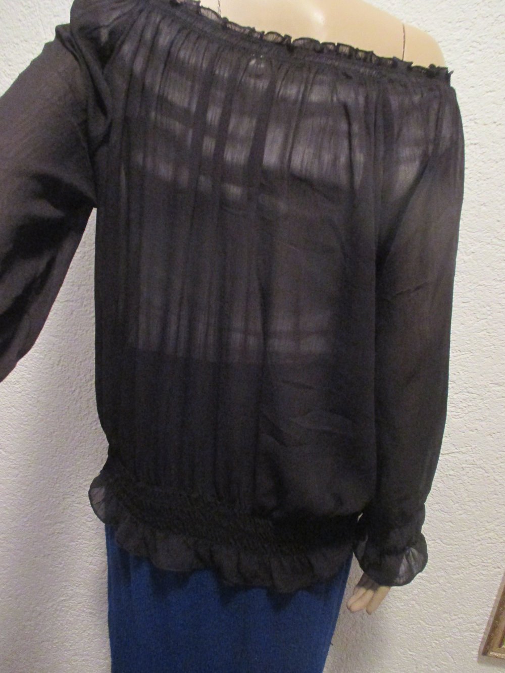 Sexy * Off Shoulder * Schulterfrei * Carmen- Ausschnitt * Seiden- Chiffon * Baby Doll * Boho- Style * DESIGNER * Bluse * Gr. 36- 38, 40/ S- M * schwarz * Gothic *