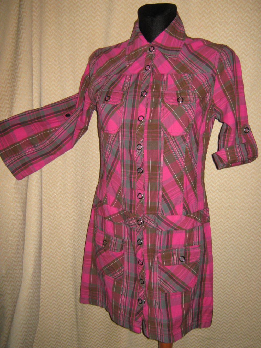 NEU * Ausgefallen * stylisch * Madras Karo * Hemdblusen * Kleid * Long- Bluse * Gr. 34, 36- 38/ S * pink * bunt *