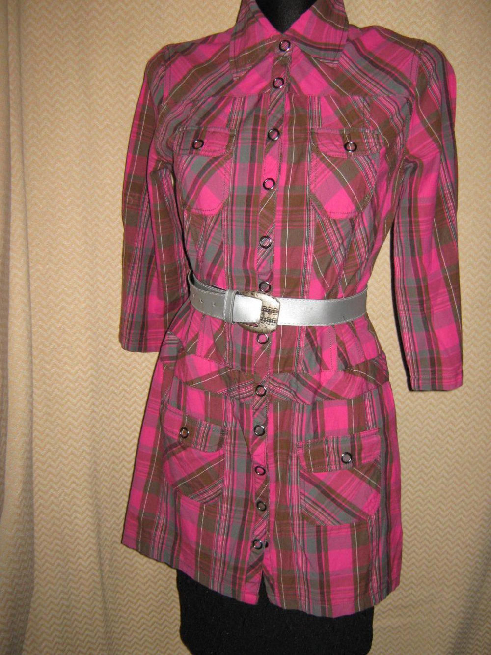 NEU * Ausgefallen * stylisch * Madras Karo * Hemdblusen * Kleid * Long- Bluse * Gr. 34, 36- 38/ S * pink * bunt *