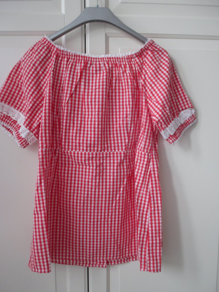 Trachtenbluse im typischem rot - weiß karierten Stil, weiße Rüschen & Bordüren, Gr. 38, neu mit Etikett