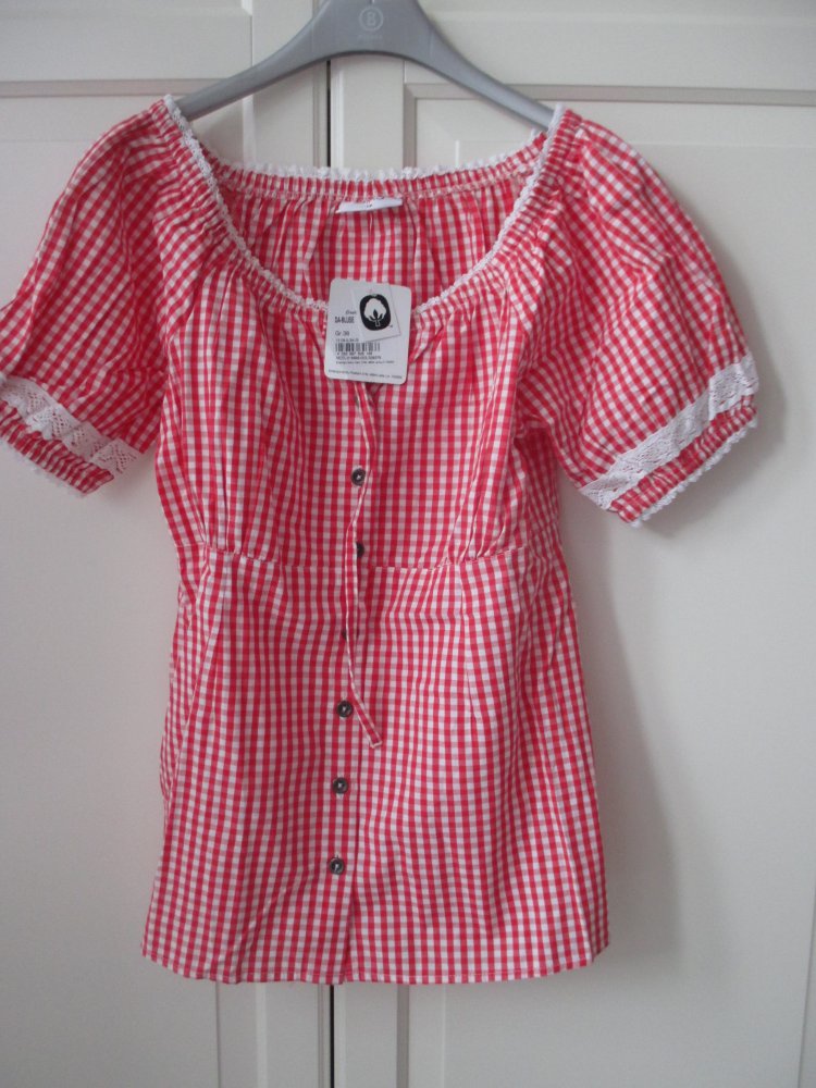 Trachtenbluse im typischem rot - weiß karierten Stil, weiße Rüschen & Bordüren, Gr. 38, neu mit Etikett