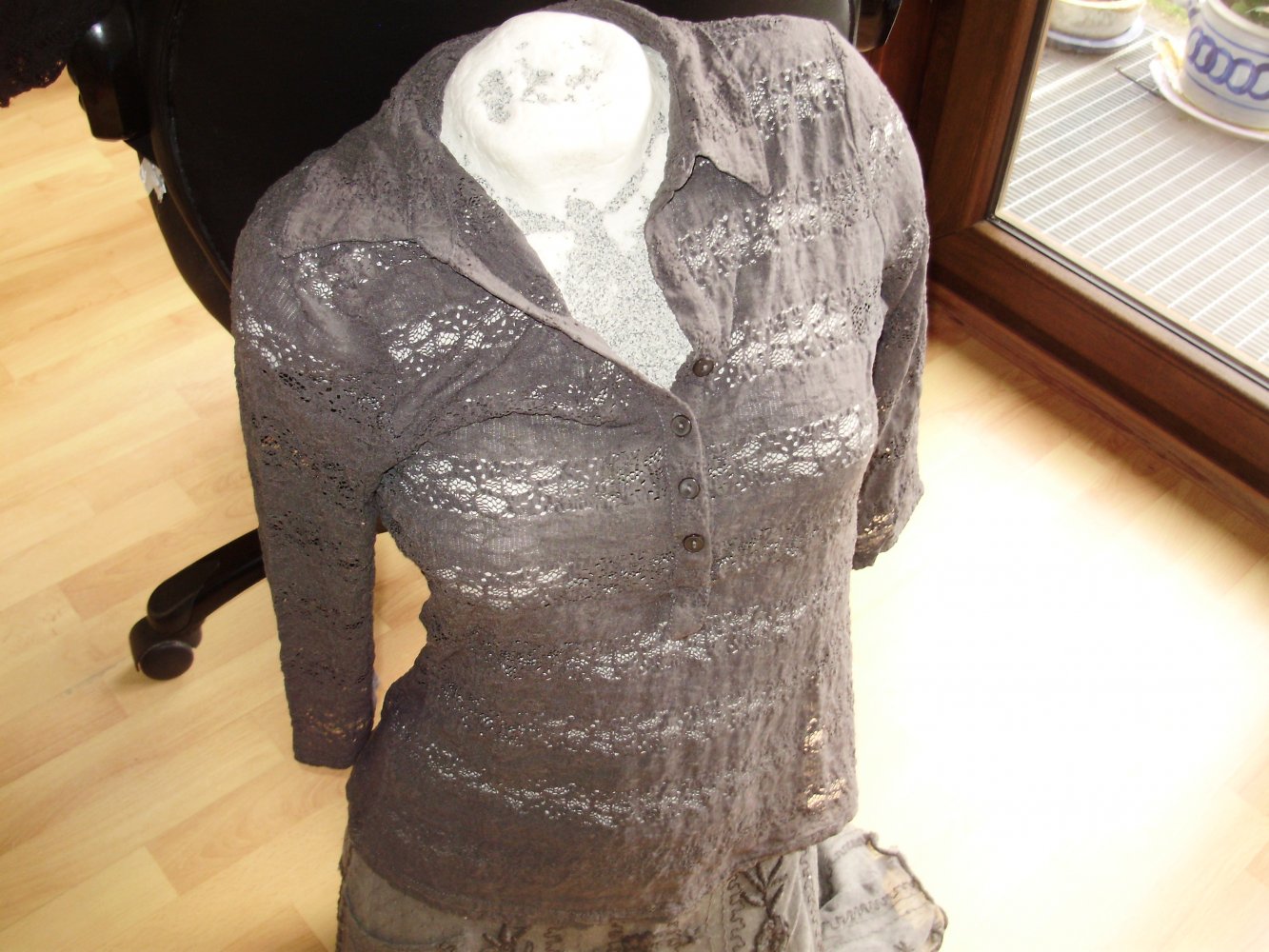 Promod Bluse grau Spitze Stretch 7/8 Arme S/ M passend