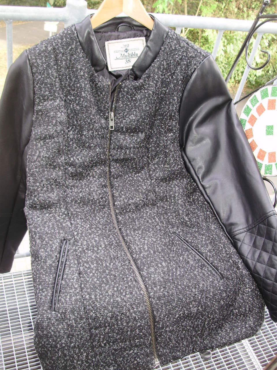 Mantel warm Lederimitat Ärmel Tweed Gr 38