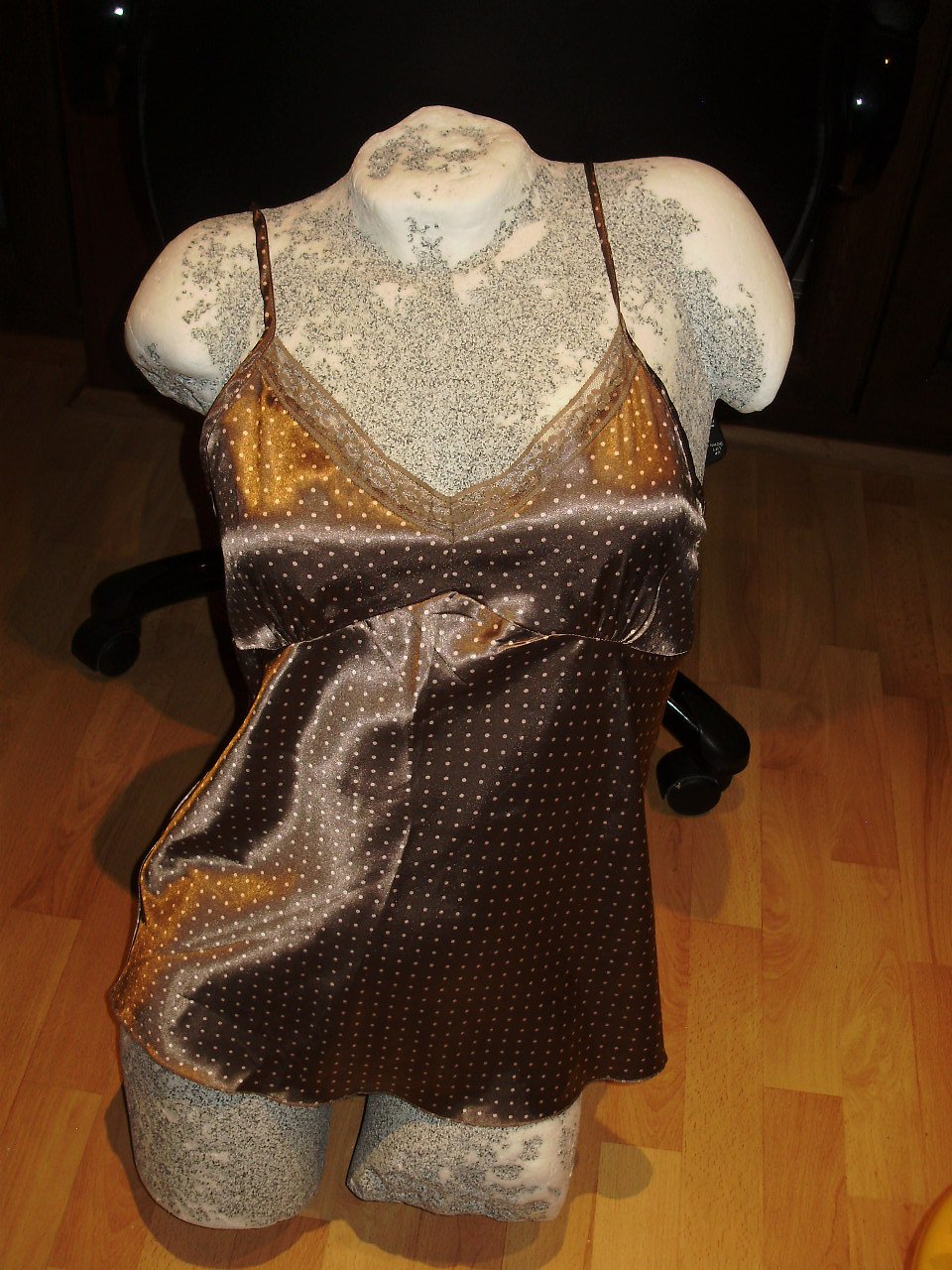 3suisses Tunika Top braun rosefarbene Punkte wie Satin + Spitze Gr 38