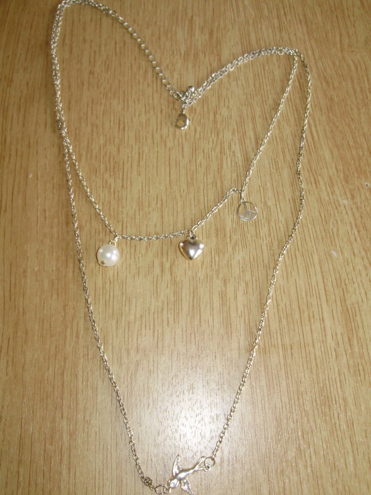 Kette silbern zweireihig Anhänger Peace + Herz + Perle + Schwalbe