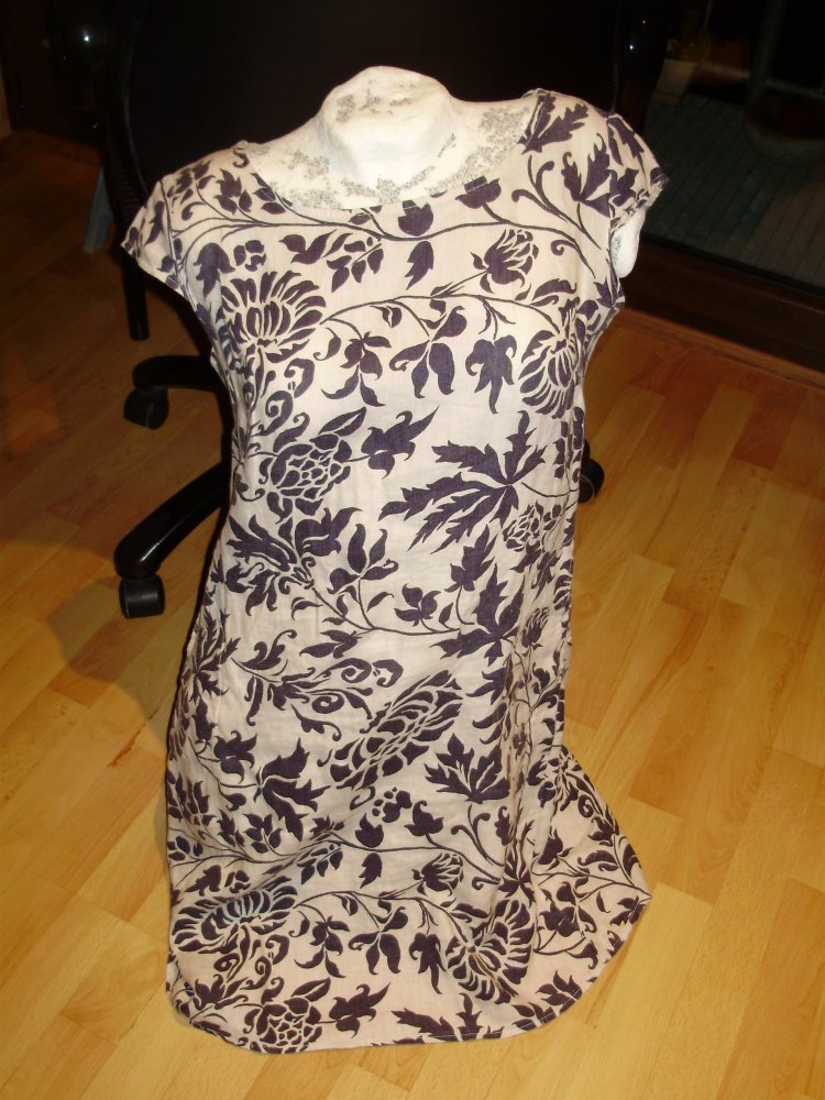 Kleid beige blau Blumenmuster Leinen S M passend