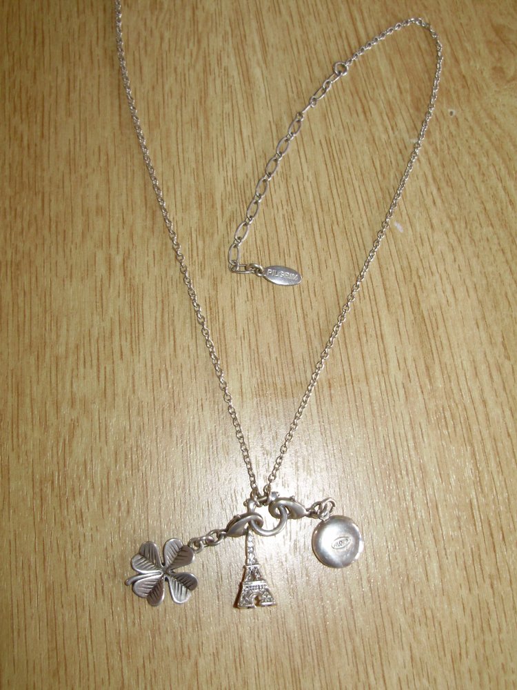 Pilgrim Kette silbern 3 Anhänger Medaillon Eiffelturm+ Blume