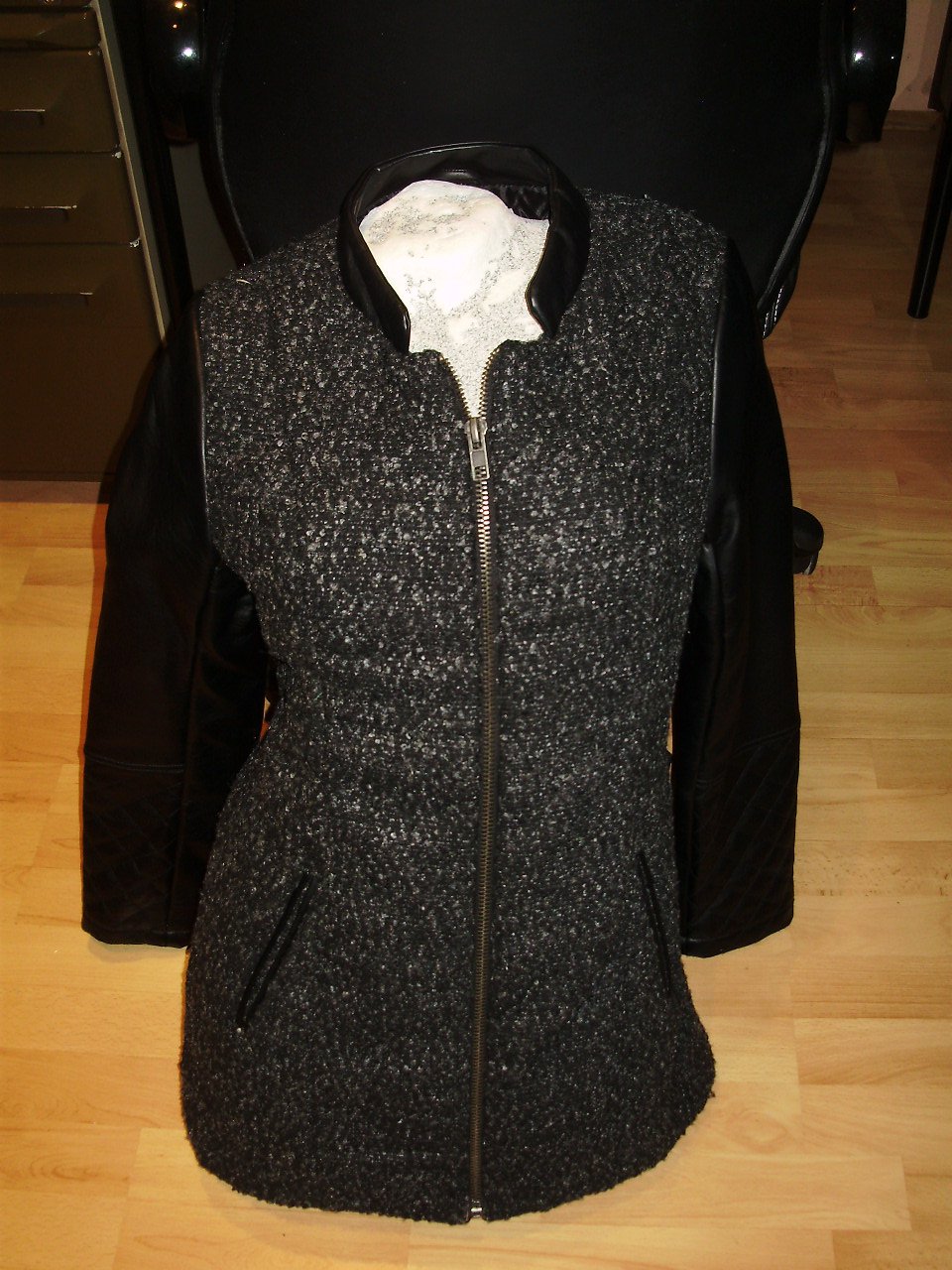 Mantel warm Lederimitat Ärmel Tweed Gr 38