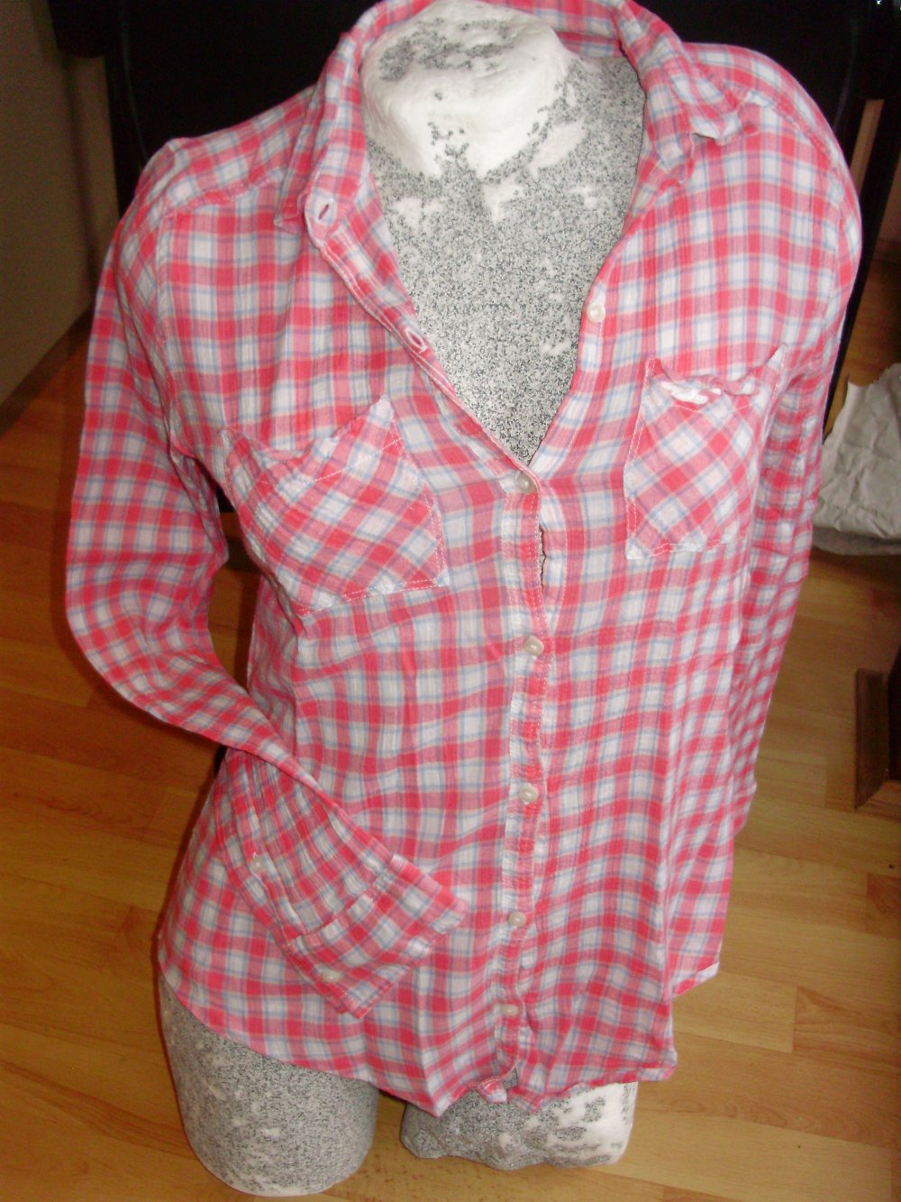 Hollister Bluse Karo rose/ hellblau / weiß Crash Stretch Gr S wie neu