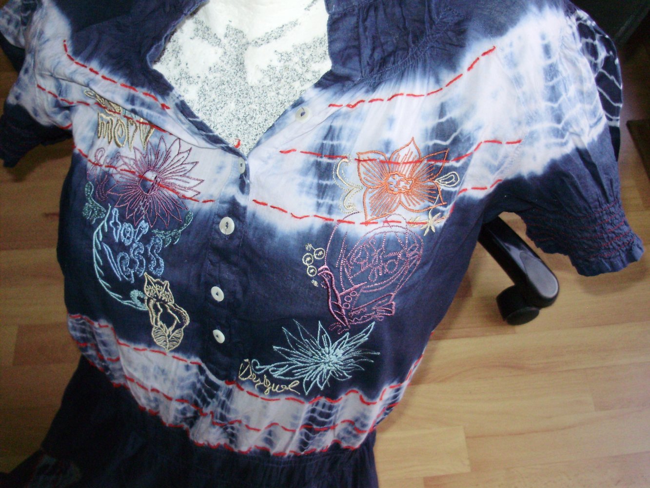 Desigual Kleid blau bunt Batik bestickt Gr 38