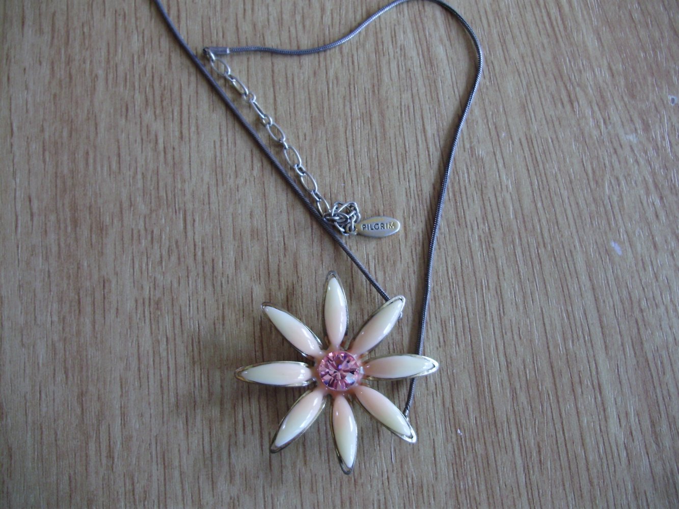 Pilgrim Kette Blume beige brauner Glitzerstein altgold