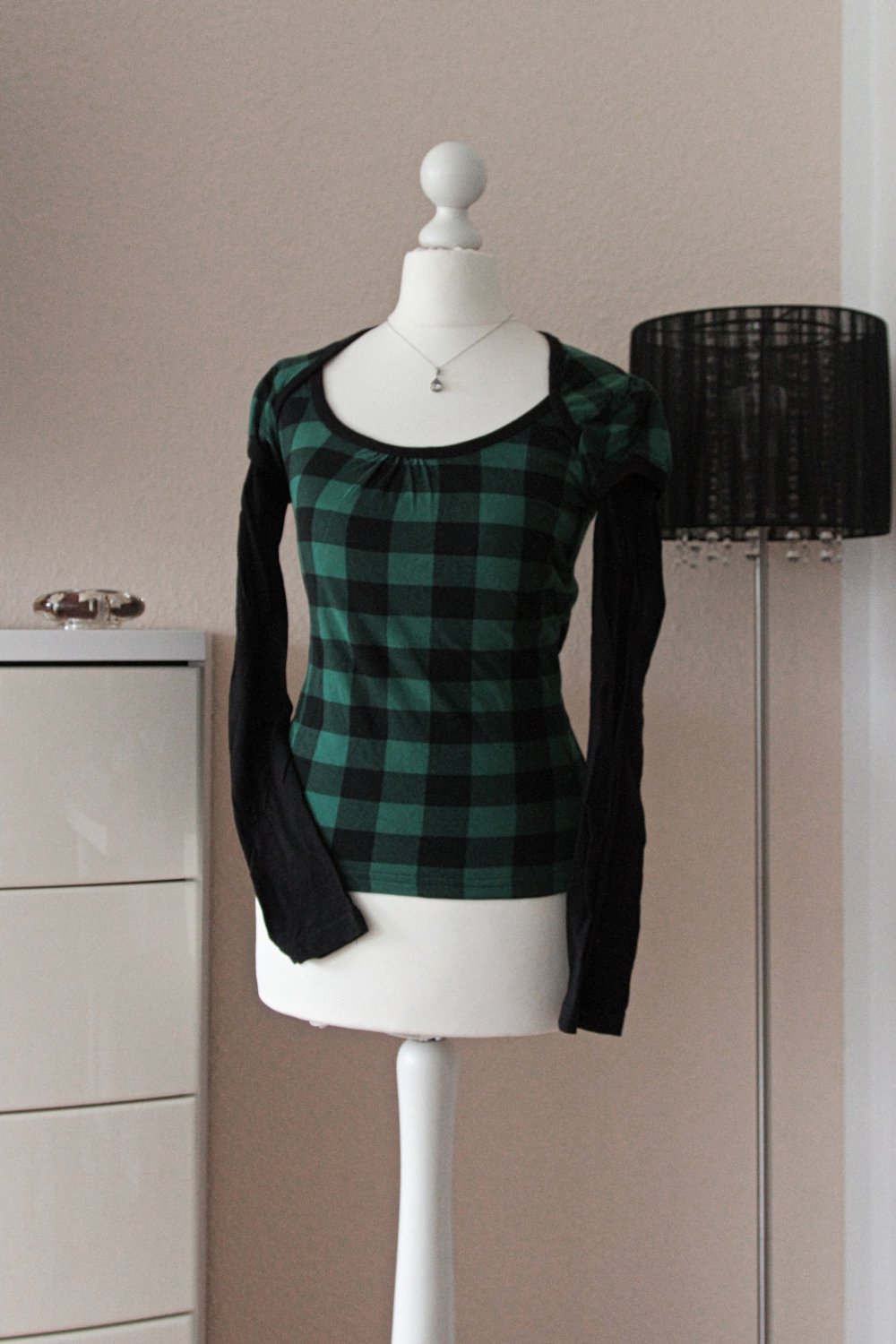 Pullover Pulli grun schwarz kariert Puffärmel Puffärmelchen 158 164 XS 34