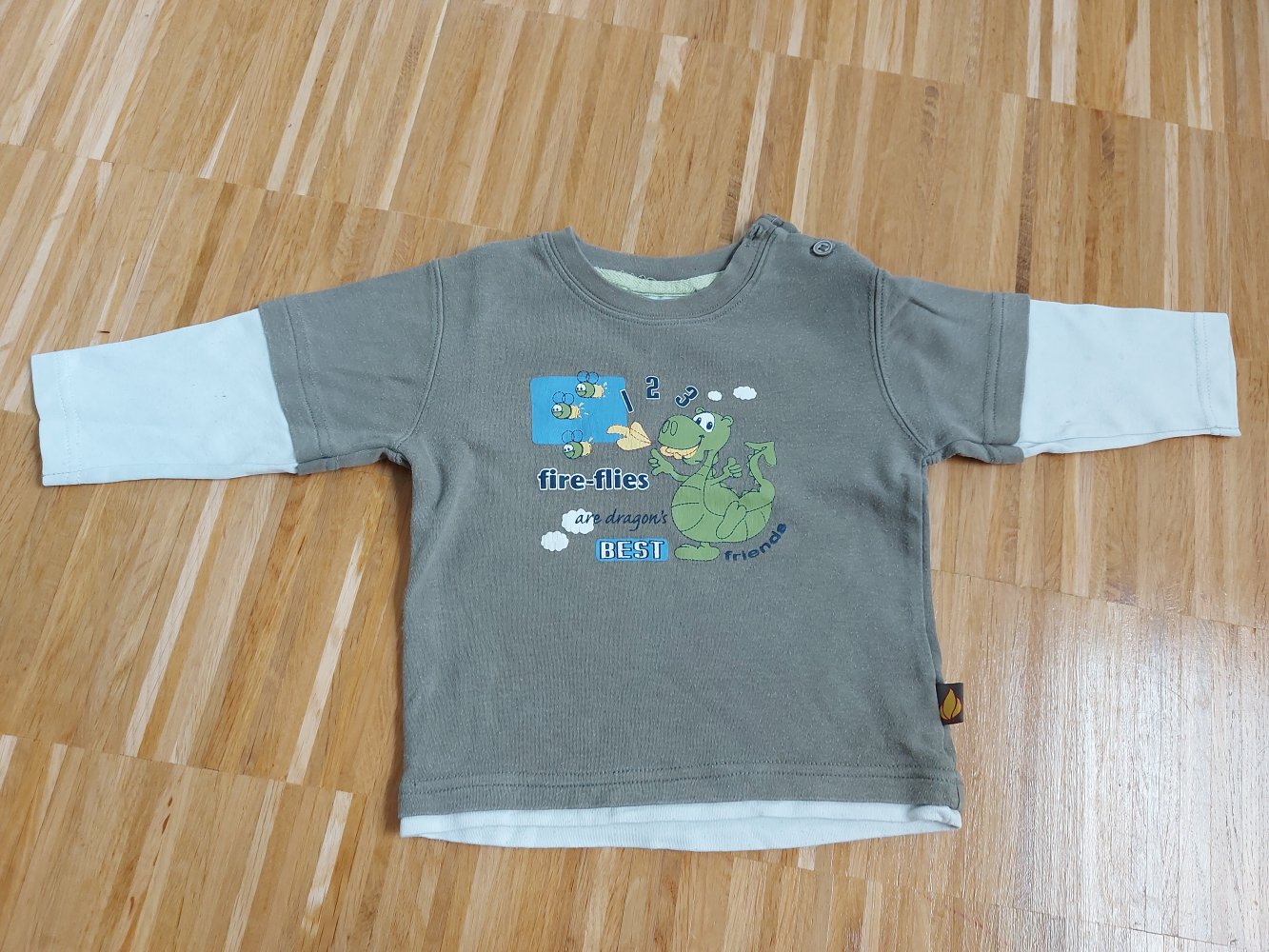 langärmliger khakigrüner Babypullover mit Drachen, Gr. 80