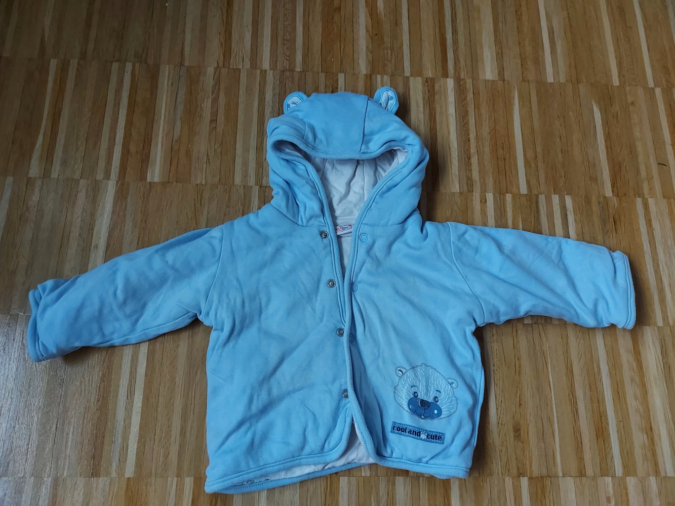hellblaue gefütterte Babyjacke mit Bärchenohren-Kapuze, Gr. 68