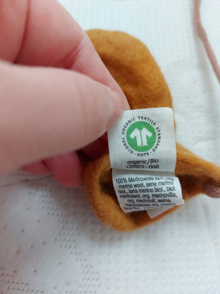  ockerfarbene Babyhandschuhe aus Merinowolle / Merinowollfäustlinge für Babys / Karamell-braun Woll Fleece Baby Fäustel