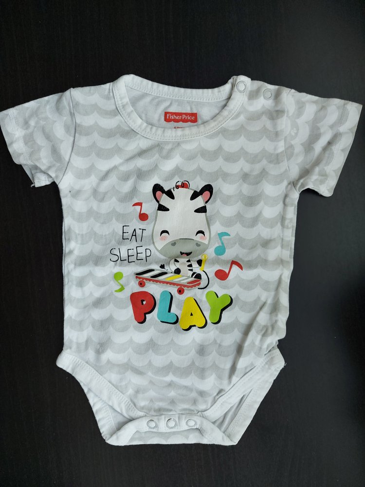 weiß-grauer Kurzarmbody mit Zebra Eat, Sleep, Play, Gr. 56