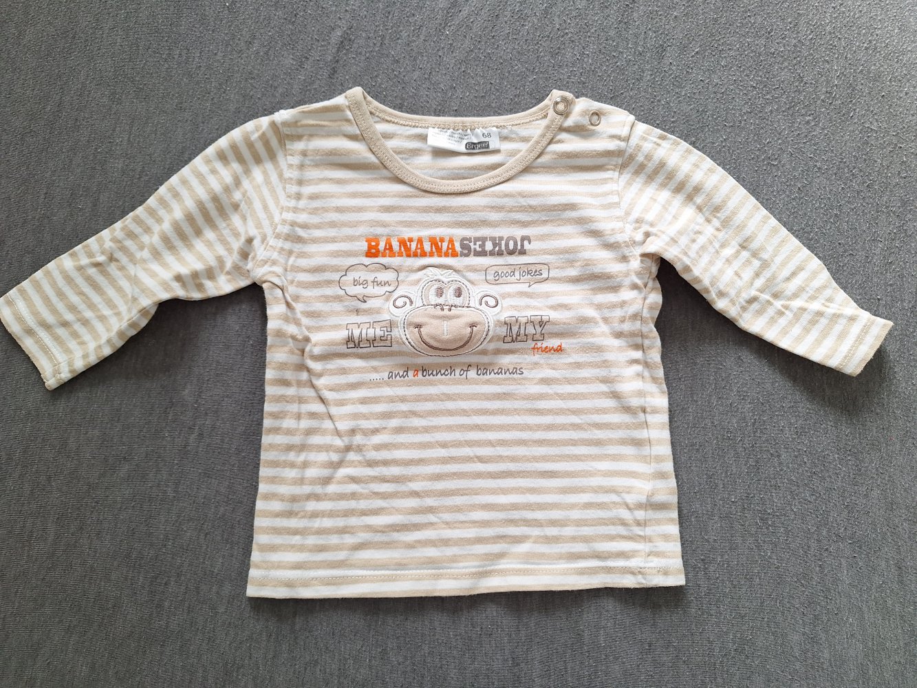langärmliger weiß-braun gestreifter Babypullover mit Äffchen Gr. 68 Longsleeve / Shirt unisex / geschlechtsneutral