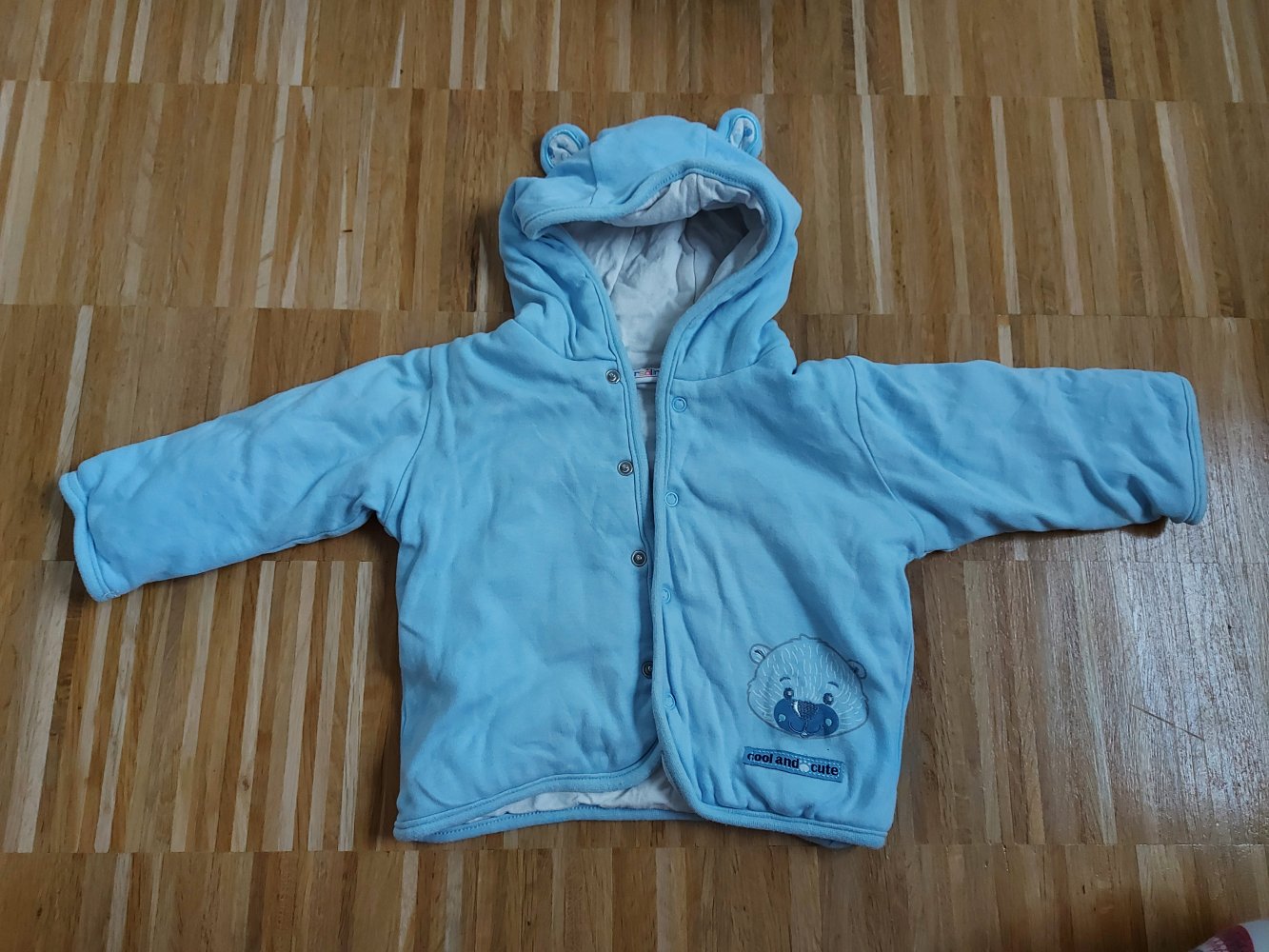 hellblaue gefütterte Babyjacke mit Bärchenohren-Kapuze, Gr. 68