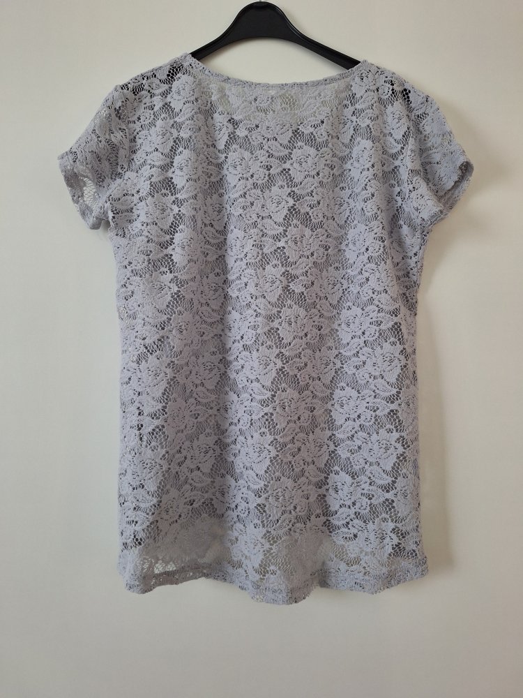 graues T-Shirt mit transparentem Spitzen-Blumenmuster Gr. M