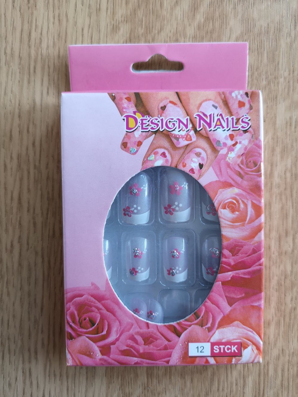 Design Nails 12 Stück Kunstfingernägel French Look mit rosa Blüten und Glitzer