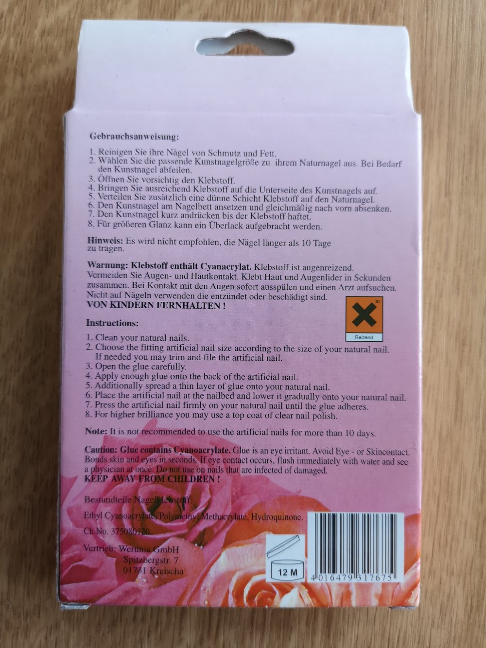 Design Nails 12 Stück Kunstfingernägel French Look mit rosa Blüten und Glitzer