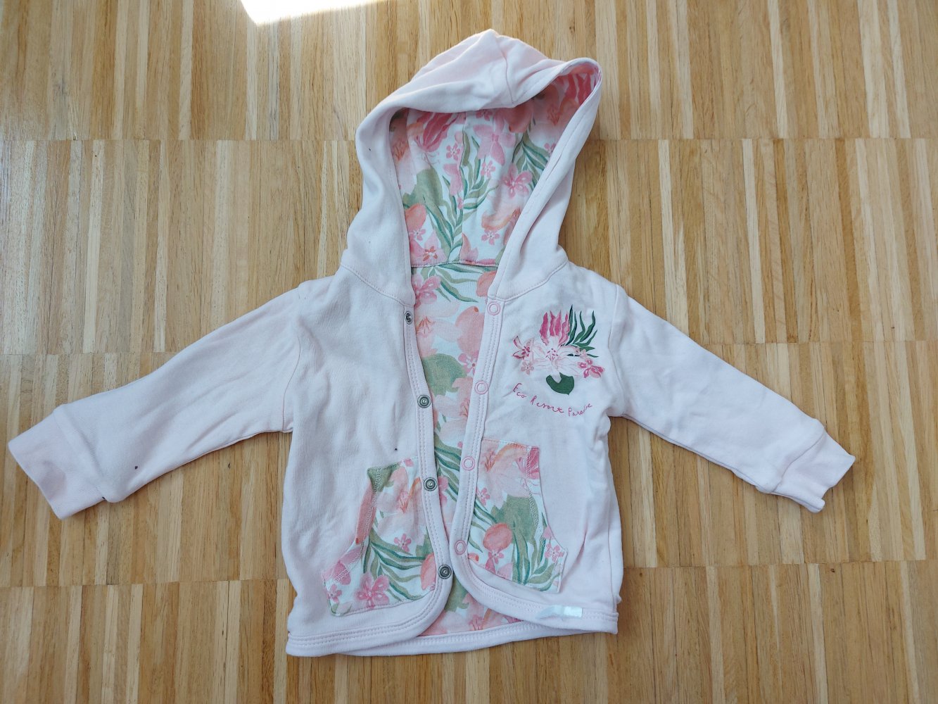 wunderschöne rosa Baby-Kapuzenjacke / Wendejacke mit Tropenblumen