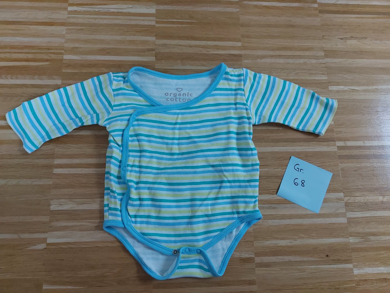 blau-türkis gestreifter Langarm-Wickelbody Gr. 68