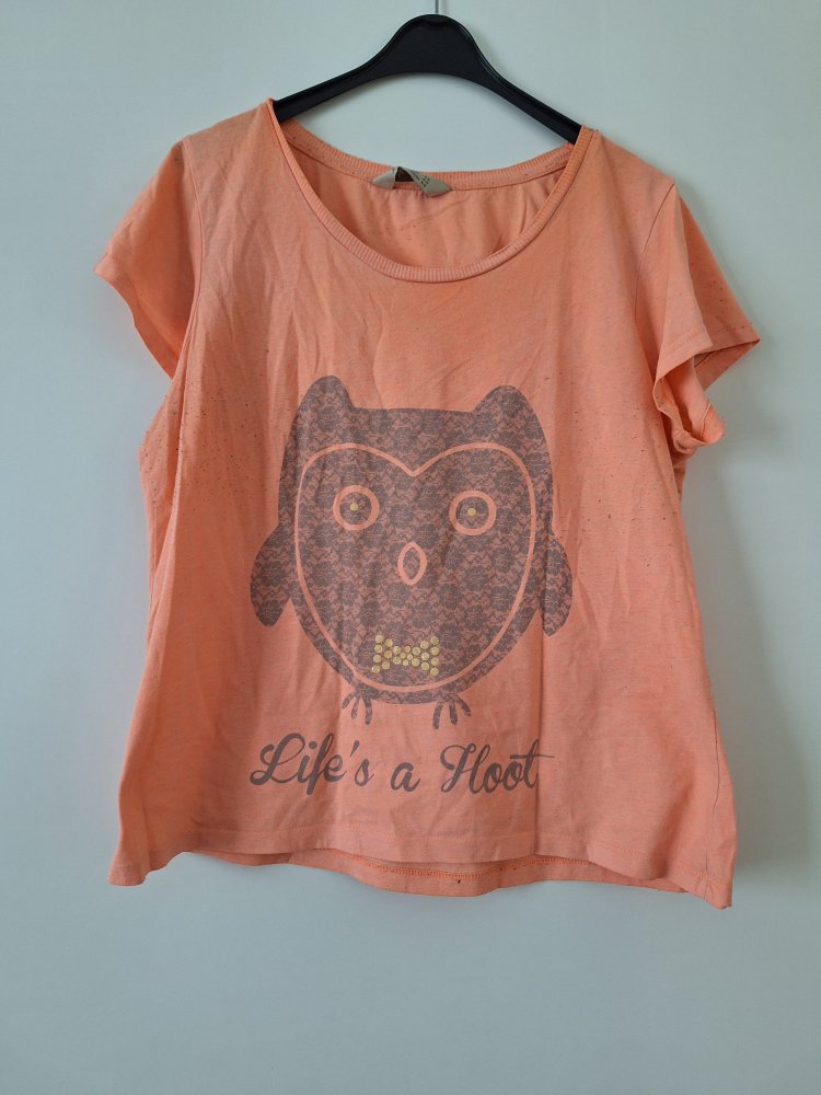 Orangefarbenes T-Shirt mit Eule Life's a hoot, Gr. 40/42