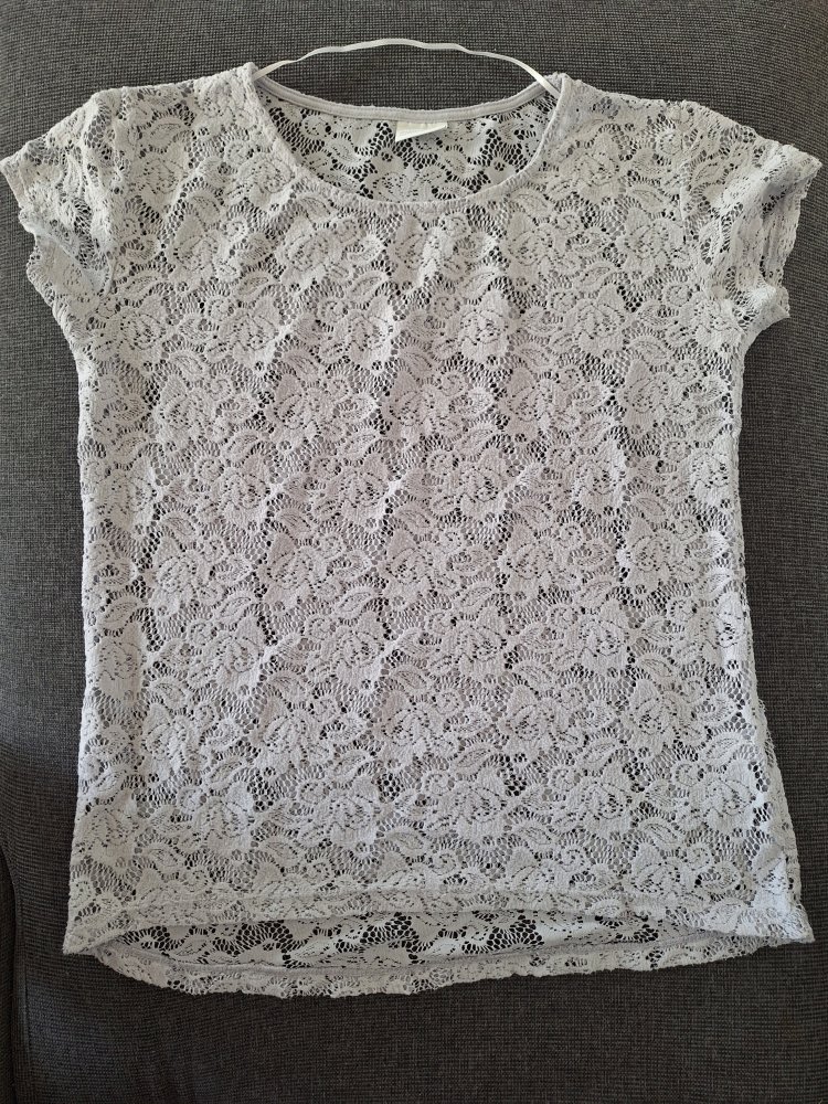 graues T-Shirt mit transparentem Spitzen-Blumenmuster Gr. M