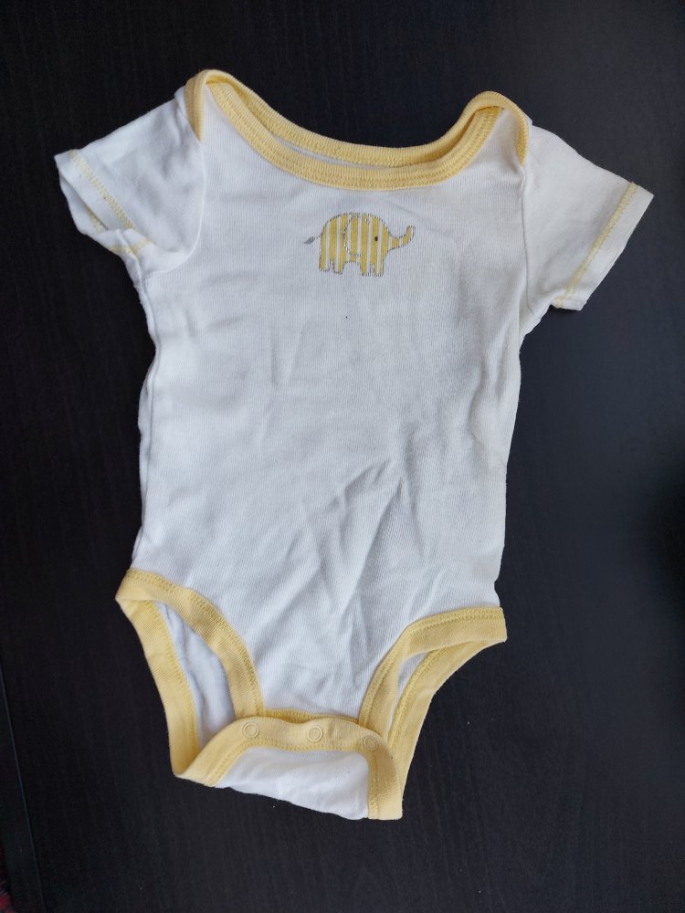 Weiß-gelber Kurzarmbody mit Elefant, Gr. 56 unisex geschlechtsneutral