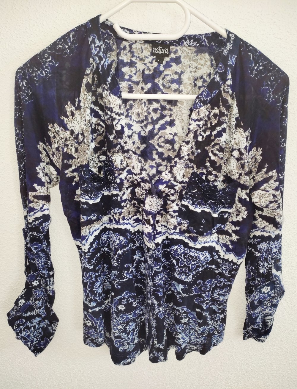 Natura Bluse V-Ausschnitt M 38 Blau Gemustert