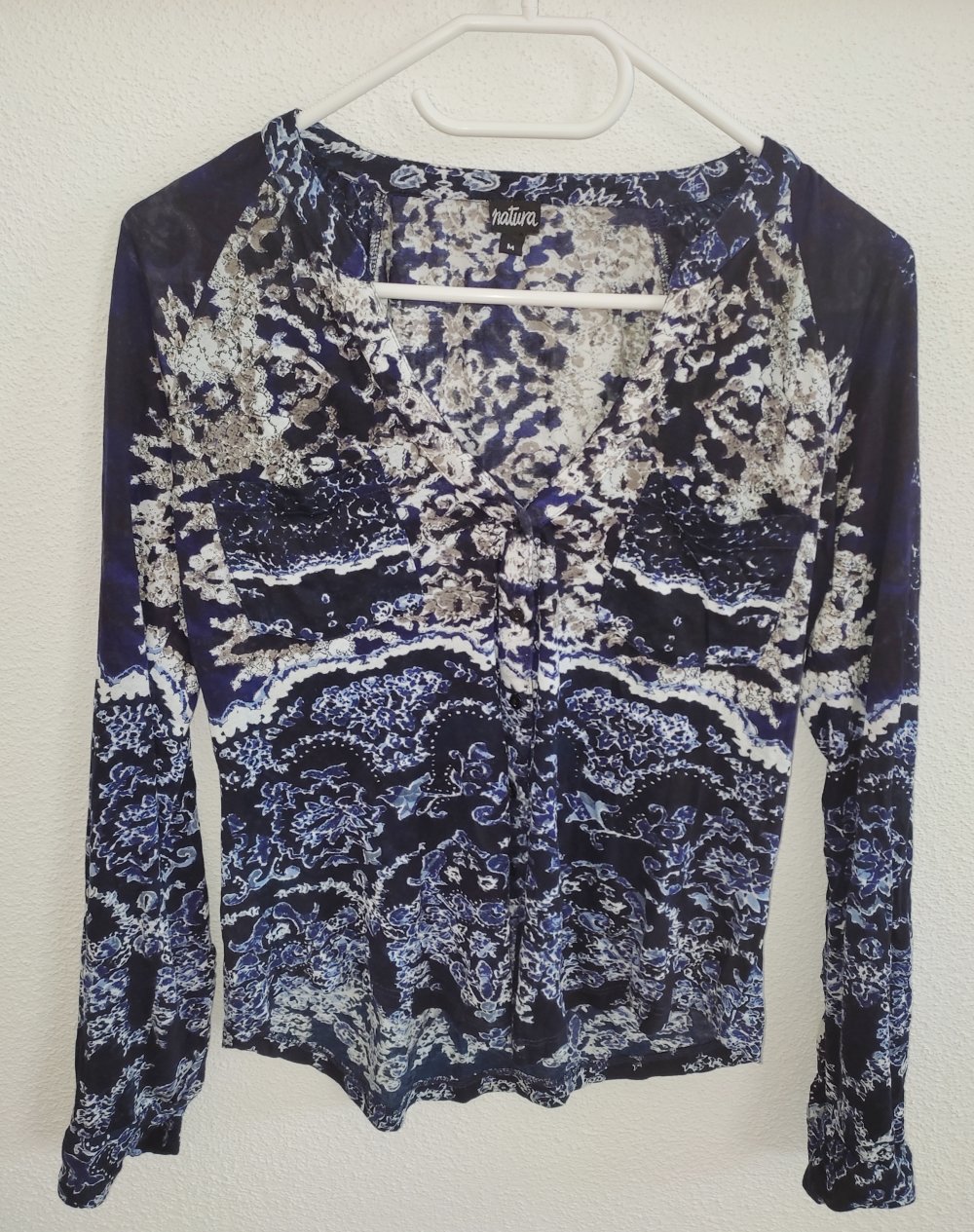 Natura Bluse V-Ausschnitt M 38 Blau Gemustert
