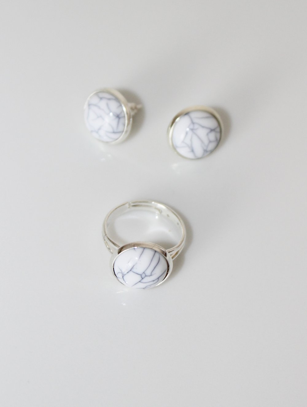 Ohrringe Ohrstecker Ring Set Silber Marmor Optik Marmoriert Weiß