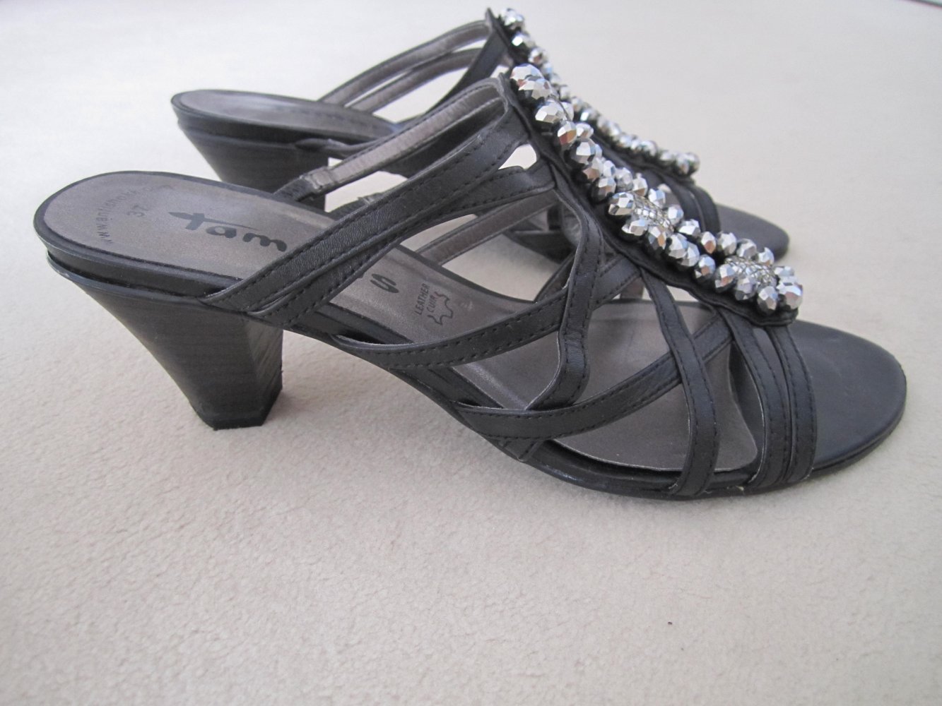 Tamaris Sandalen Gr. 37 schwarz Leder Straß Pantoletten