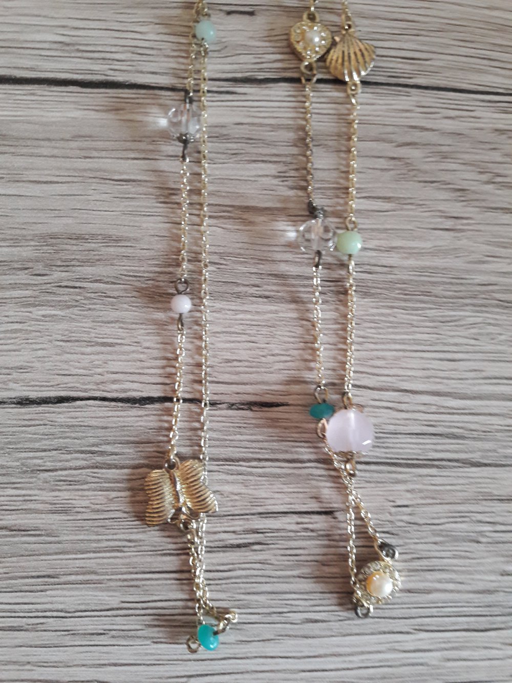 lange verspielte Kette - gold - Herzen - Muscheln - Schwalben - Perlen