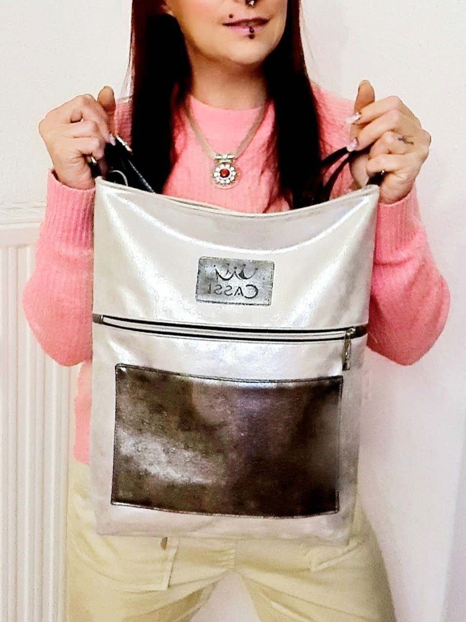 Neu Handtasche Shopper Silber Schwarz 