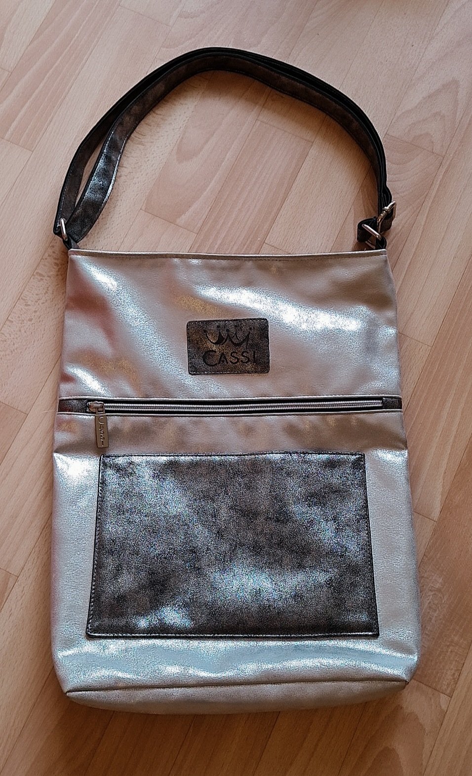 Neu Handtasche Shopper Silber Schwarz 