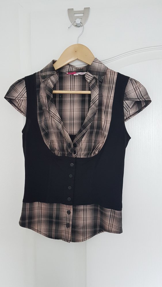 Kurzärmliges Blusenshirt Schwarz/Beige kariert