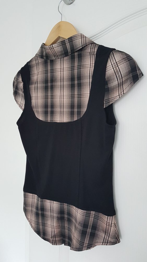 Kurzärmliges Blusenshirt Schwarz/Beige kariert