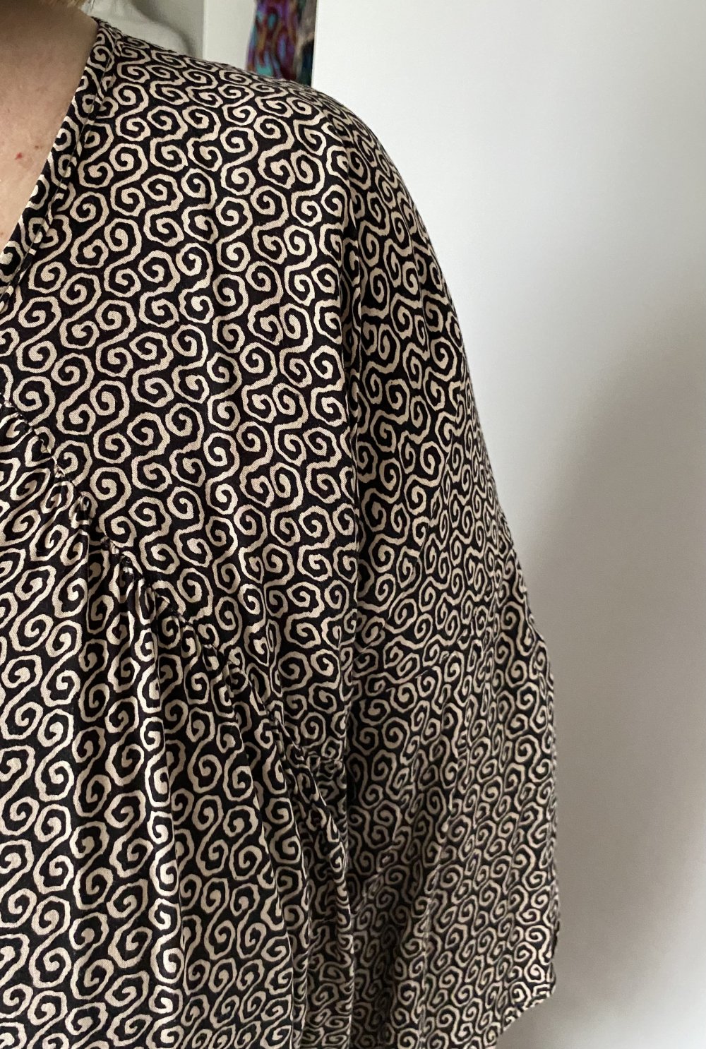 Maxikleid, Ethnomuster, halbarm, schwarz/beige, onesize